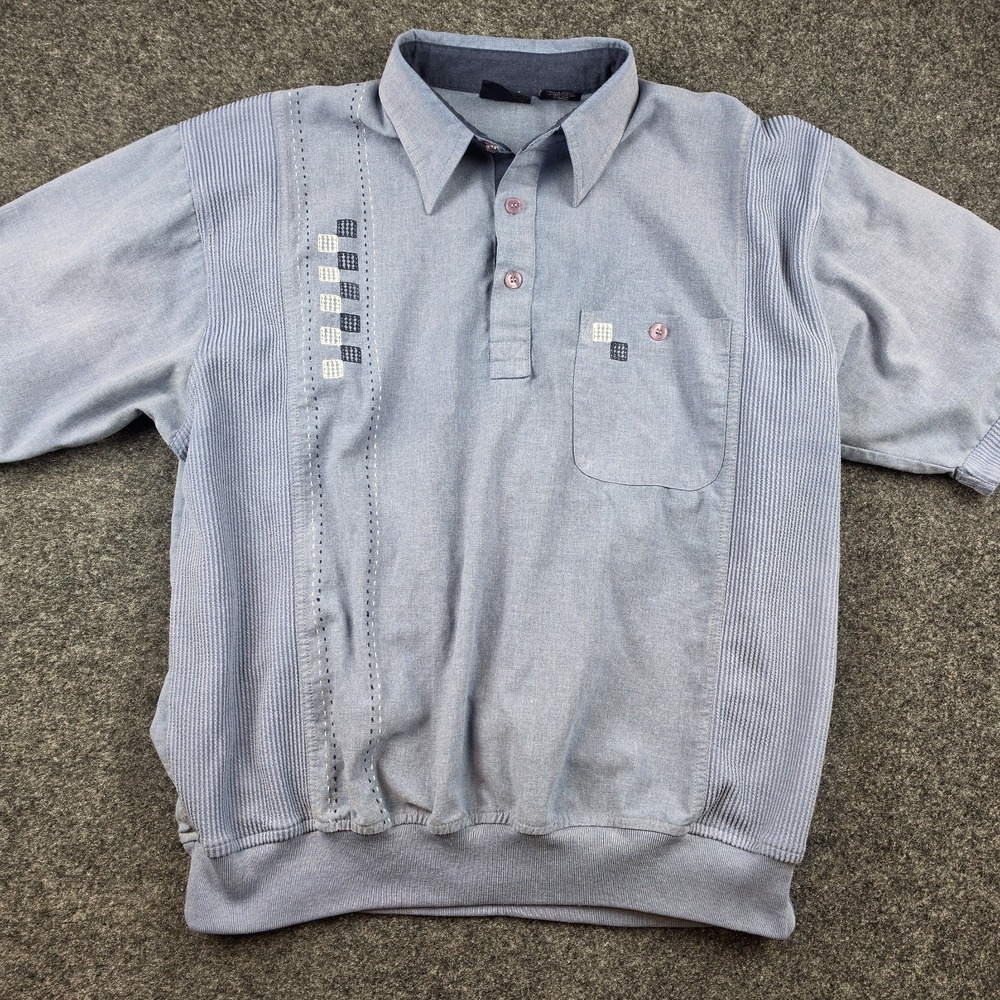 Vintage John Blair Mens Large Polo Shirt Blue Embroidered Banded Hem Retro